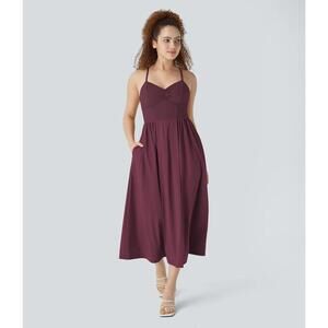 HALARA Burgundy Midi Sundress with Spaghetti Straps